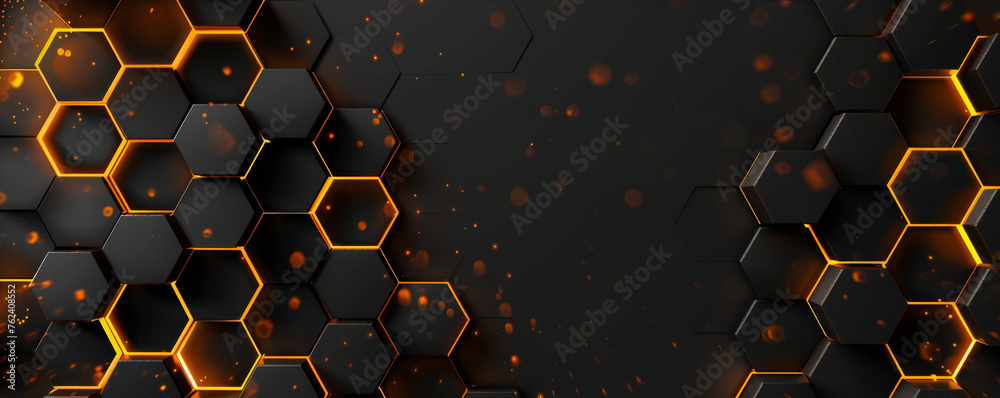 An abstract technological hexagonal background is presented in stylish black and opulent gold hues, accentuated by captivating highlights that add depth and allure to the design. - obrazy, fototapety, plakaty 