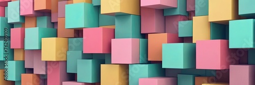 Abstract bright geometric pastel colors colored 3d gloss texture wall with squares and rectangles background banner illustration panorama long, textured wallpaper © Andrey