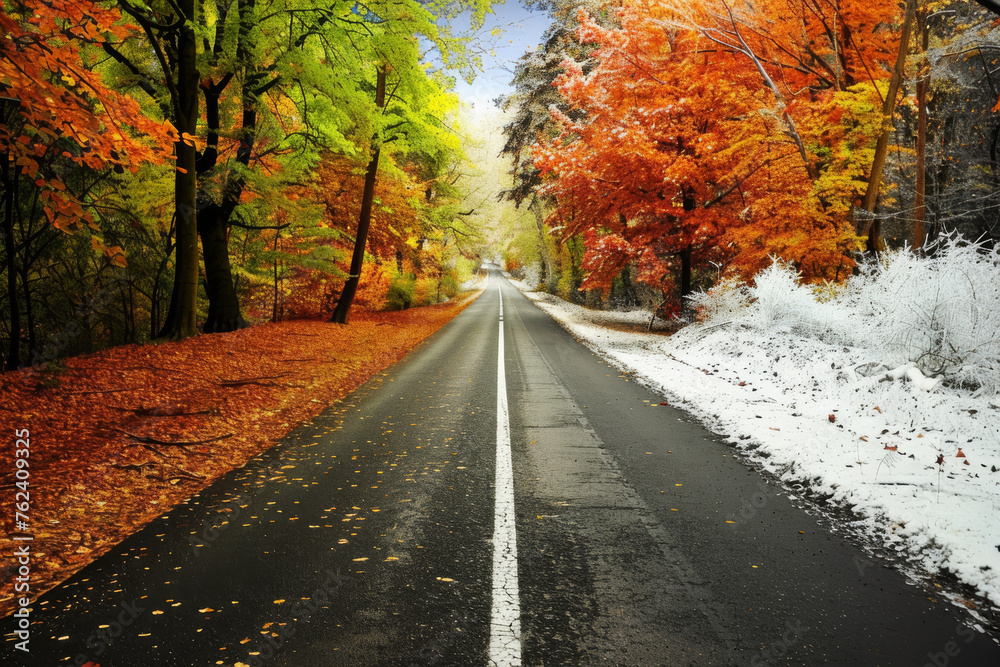 Combining images of the winter and autumn seasons on a road in the forest visually depicts the transition from snowy to colorful foliage, capturing the changing seasons and natural beauty.