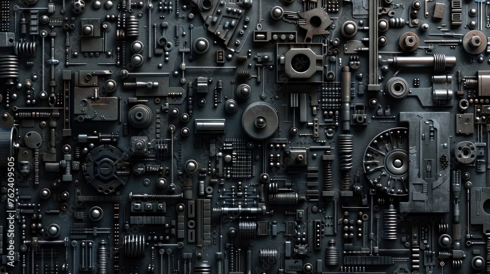 techno backgrounds - black oiled Bunch of screws on a dark grey cardboard - obrazy, fototapety, plakaty 