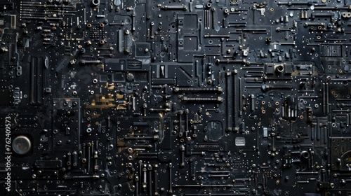 techno backgrounds - black oiled Bunch of screws on a dark grey cardboard photo