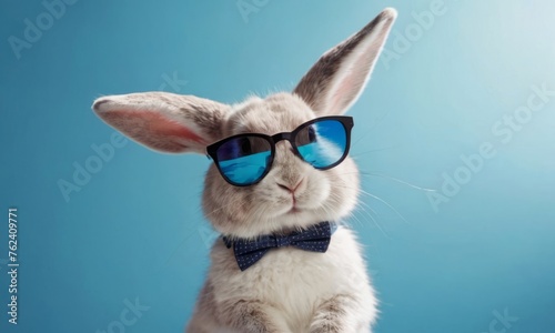 cute easter animal - easter bunny wearing sunglasses giving thumbs up isolated on blue background © Andrey