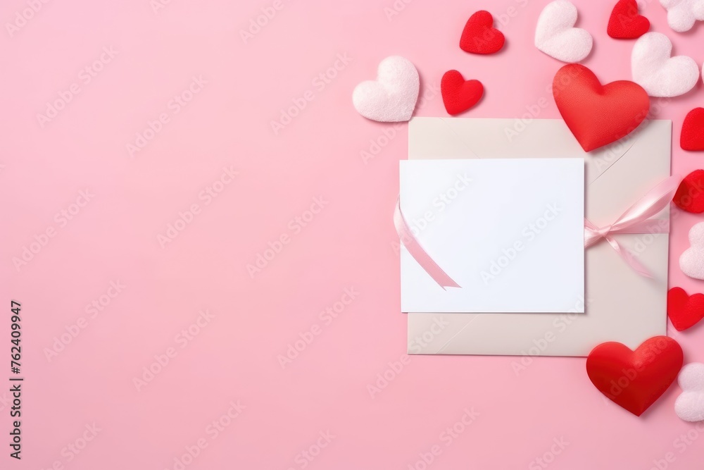 White blank card surrounded by pink hearts and a ribbon on a pastel pink background. Valentine's Day Card and Decorations Pink