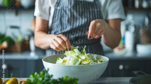 A young woman in a gray apron sipes a salad of Chinese cabbage