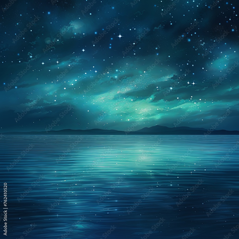 A black sky cyan background light water and stars