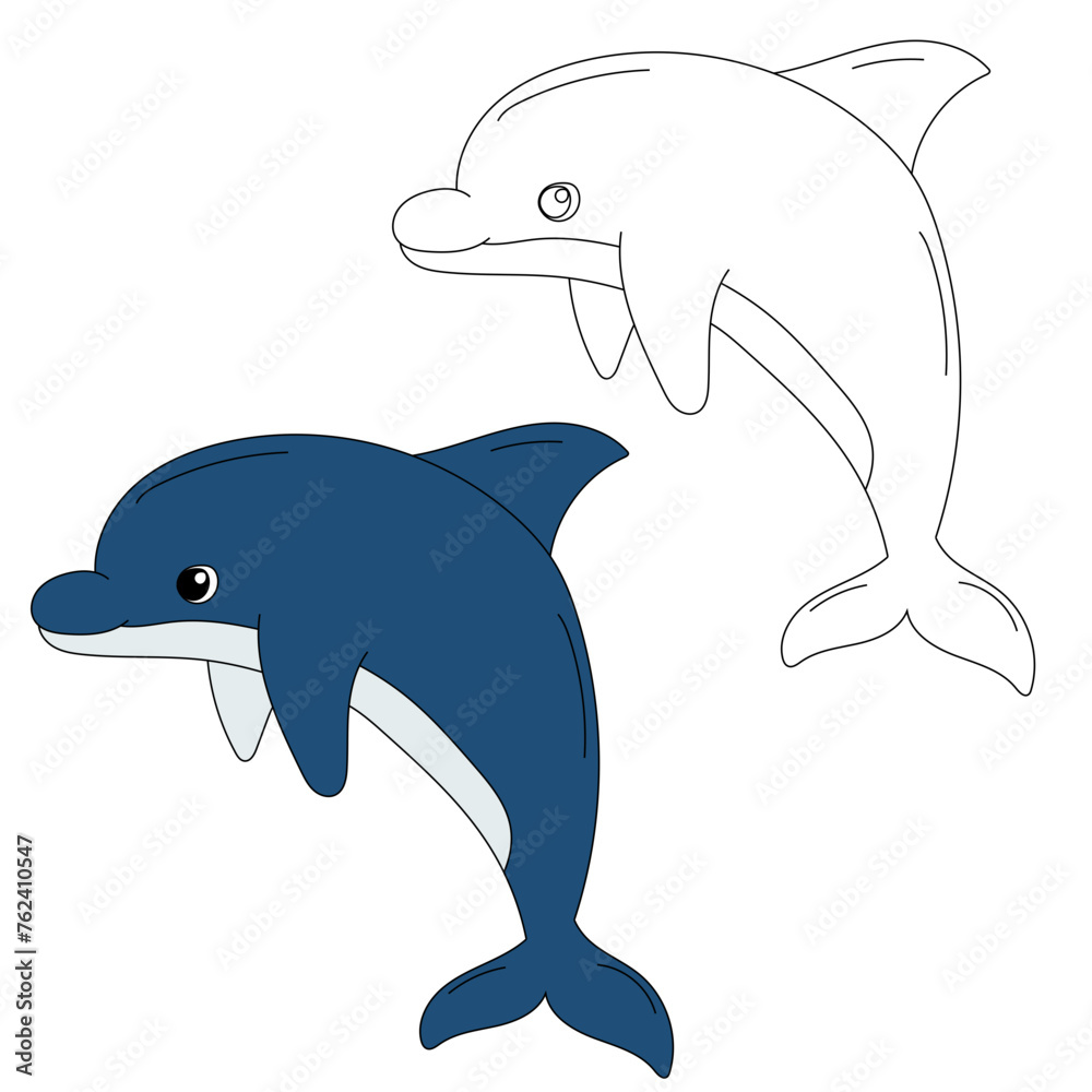 Fototapeta premium Dolphin Clipart Set for Lovers of Aquatic Life of Sea Animals and Ocean Creatures. Colorful and Outline Dolphin Clipart