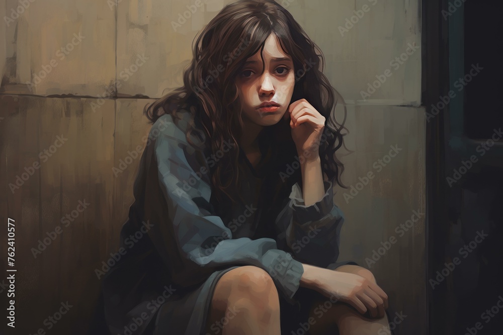 Distant Sad girl look window outside. Calm drinking. Generate Ai Distant Sad girl look window outside. Calm drinking. Generate Ai