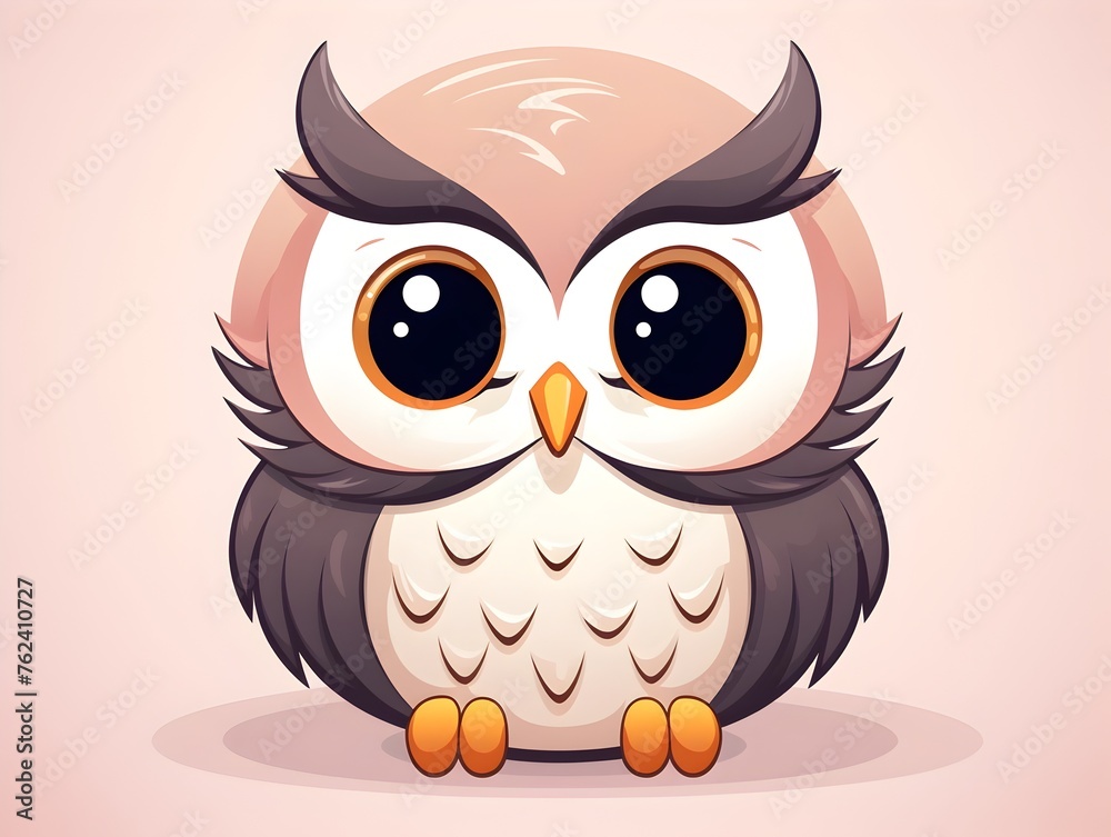 Adorable Cartoon Owl with Expressive Big Eyes and Fluffy Feathers in a Minimalist Design