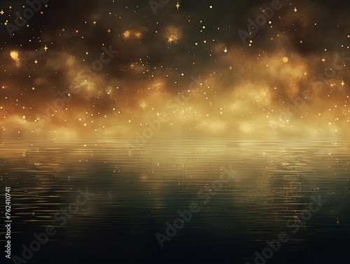 A black sky gold background light water and stars