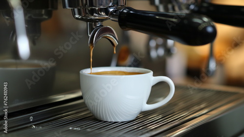 Espresso flows from a coffee machine into a white cup, rich crema on top, blurred background busy cafe setting
