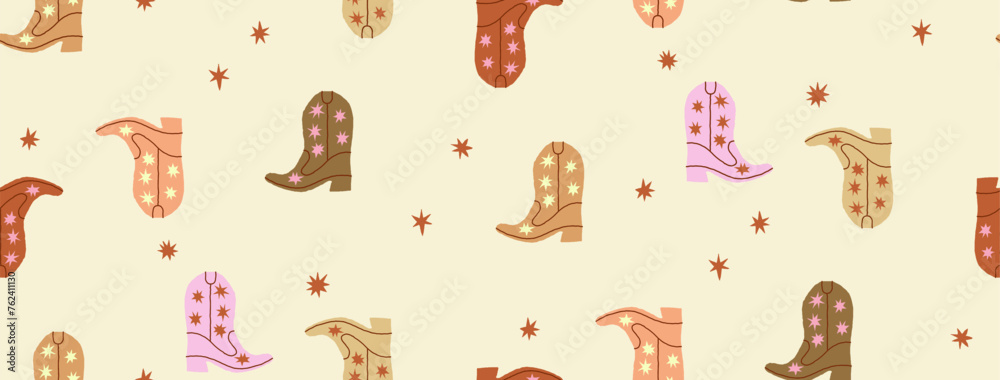 Fototapeta premium Wild west colorful cowgirl boots seamless pattern. Boho hand drawn background