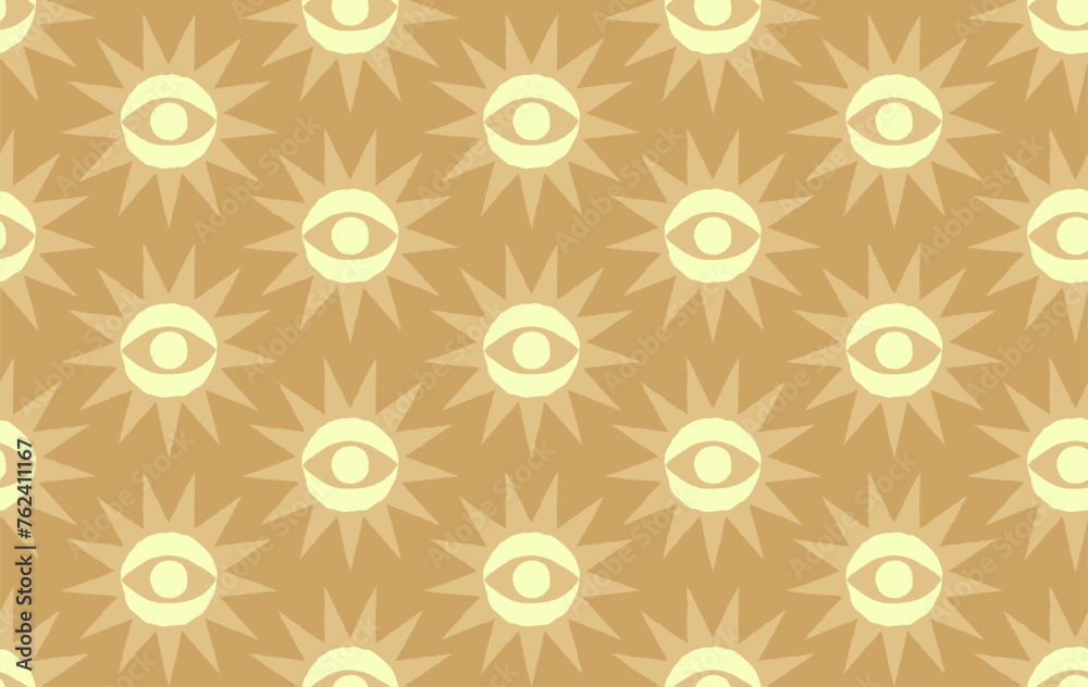 Abstract modern sun and eye seamless pattern. Boho hand drawn background