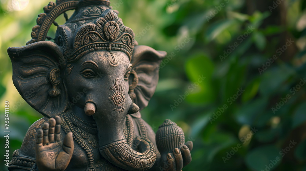 Ganesha statue in a lush green setting, symbolizing peace and spirituality