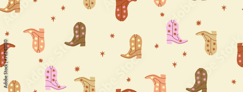 Wild west colorful cowgirl boots seamless pattern. Boho hand drawn background photo