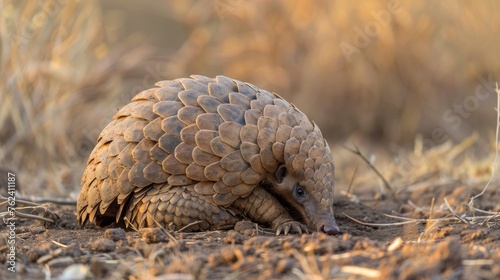 A brown and white armadillo is walking through a grassy field. The armadillos armor-like shell and distinctive markings are visible as it moves across the landscape.