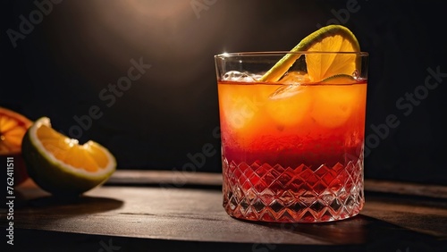 Tequila Sunrise Cocktail made by the hand of a master mixologist at a beach bar.