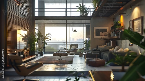 Envision a contemporary condominium interior with industrial-inspired decor and a balcony terrace for enjoying sunset views over the city  attractive look photo