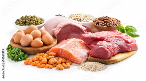 Quality of protein source, proper balanced nutrition. Healthy eating and diet concept natural rich in protein food on table, white background