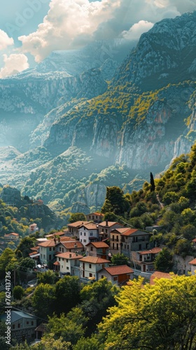 A picturesque village nestled in the mountains, surrounded by lush greenery and towering peaks. Houses with traditional architecture dot the landscape, while winding roads lead through the serene sett