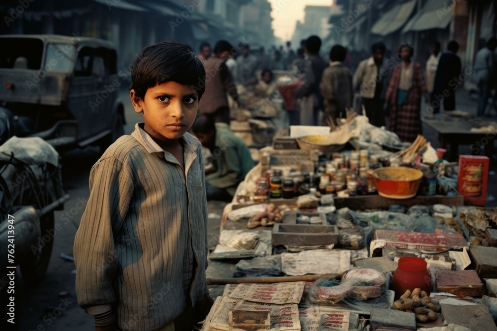 Young Salesman child boy market. Store marketplace. Generate Ai