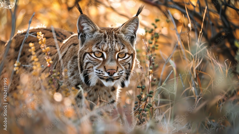 A close-up view of a cat, likely a Bobcat, stealthily stalking through a field of green grass, showcasing its natural hunting instincts and attentiveness. A close-up view of a cat, likely a Bobcat, stealthily stalking through a field of green grass, showcasing its natural hunting instincts and attentiveness.