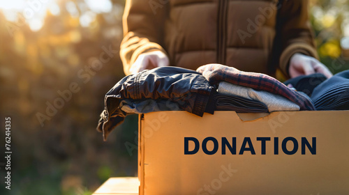 Woman holding cardboard box with text "Donation". Clothes for the poor, community volunteering for charity purposes concept. Giving away second hand things for children in poverty or homeless people