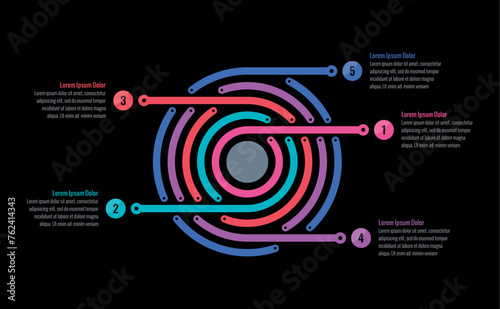 five step briefing template. Infographic template for industry, business, energy, technology, science. round lines infographic template. annual report, informational template for magazine