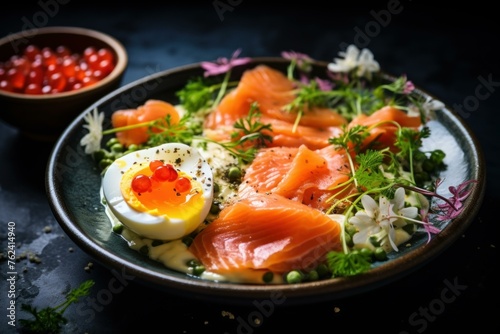 Delicate Salmon eggs food. Fish breakfast. Generate Ai