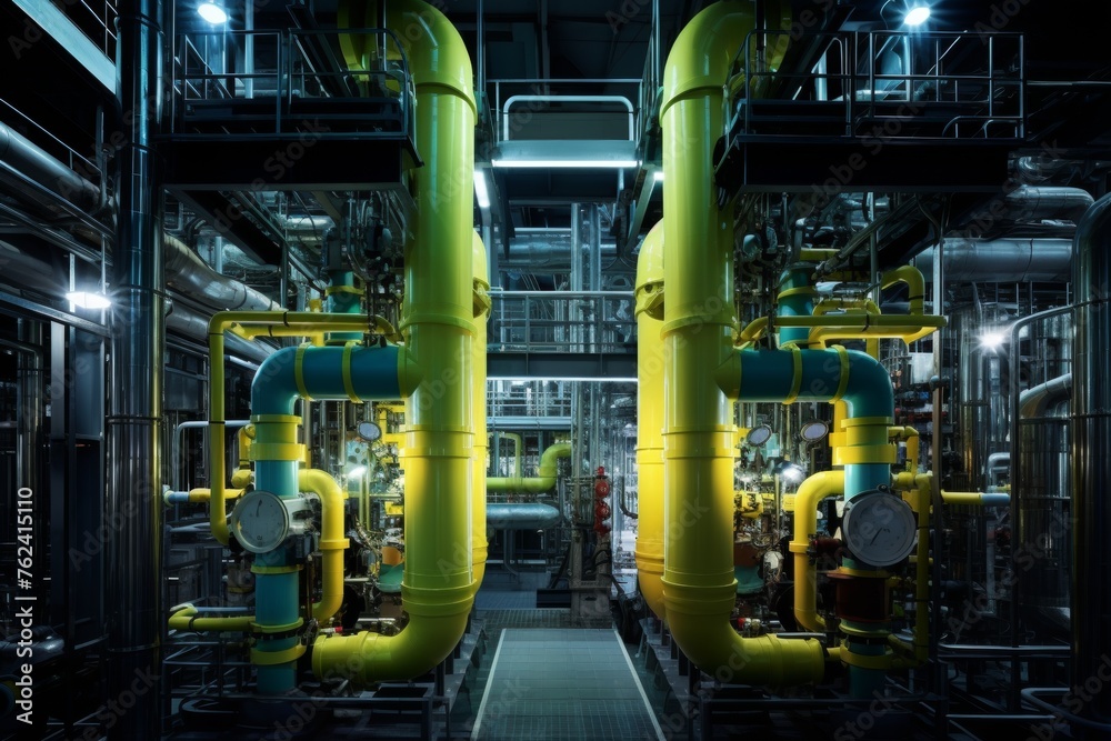 The heart of production: A close-up shot of an industrial separator amidst a labyrinth of pipes under the factory lights The heart of production: A close-up shot of an industrial separator amidst a labyrinth of pipes under the factory lights