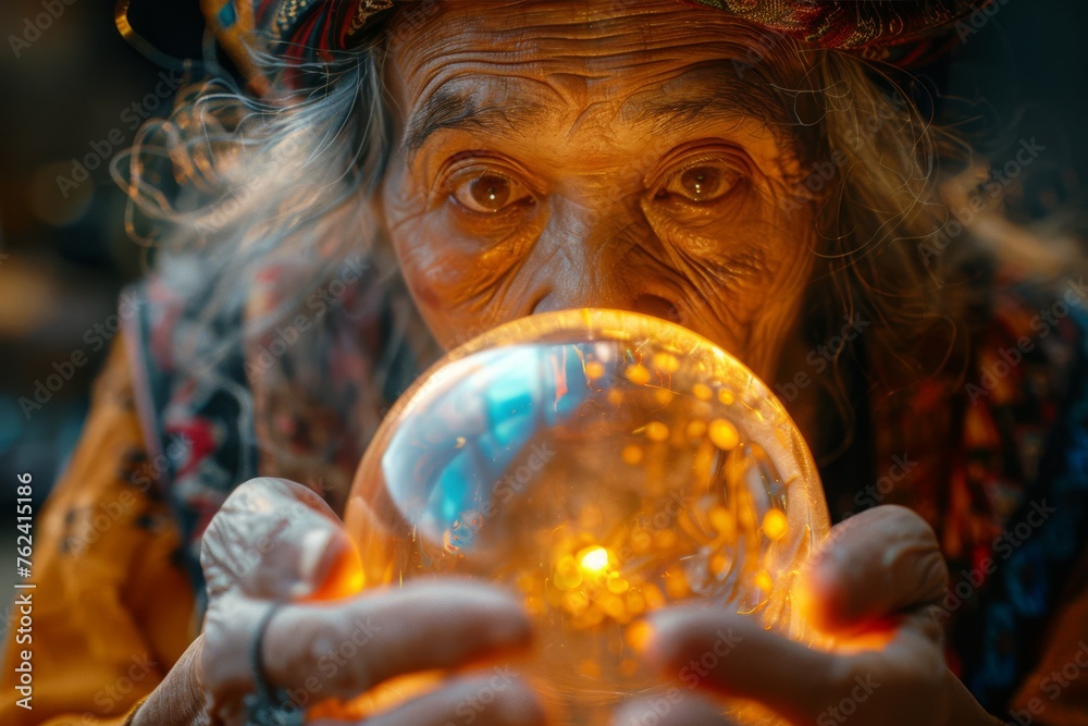Ancient female gypsy fortune-teller conducts a reading using a crystal ball, the gift of divination helps her see the future. Mystical and magic atmosphere - obrazy, fototapety, plakaty 