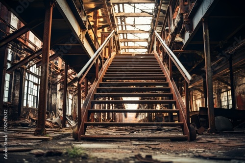 Industrial Scene Featuring a Detailed Handrail Amidst Aged Brickwork and Decaying Machinery