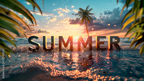 Text summer on the sand beach, touching the ocean or sea waves at the sunset, tropical paradise landscape, palm trees around. Holiday or vacation on an island, Caribbean horizon, dusk or twilight