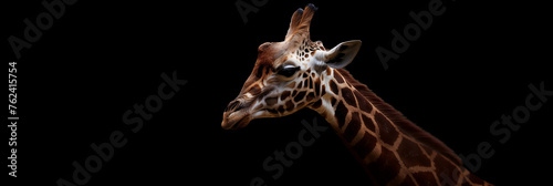 The majestic head of a giraffe stands out against a studio-lit black background, showcasing its unique pattern and graceful features