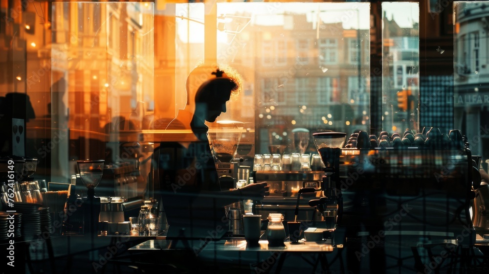 A person standing in front of a window inside a bustling restaurant, looking out onto the street while surrounded by tables and chairs. The individual appears contemplative, perhaps enjoying a meal or