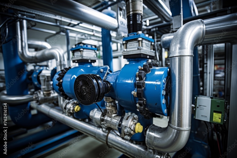 In-depth look at a chiller compressor nestled within an intricate network of pipes and valves In-depth look at a chiller compressor nestled within an intricate network of pipes and valves