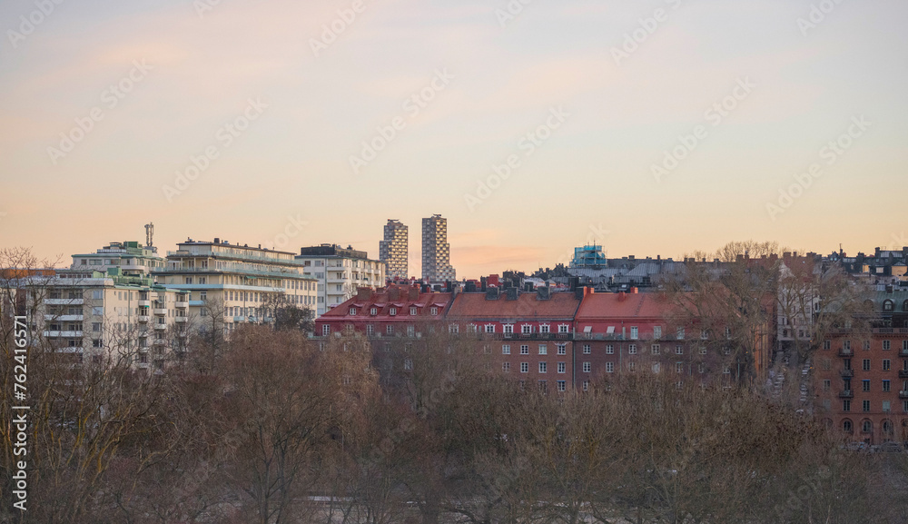Apartment houses and skyscrapers, an early sunny morning in Stockholm