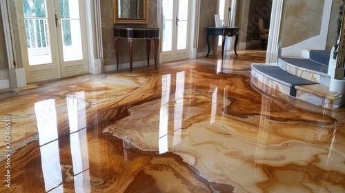 Beautiful and modern marble floor covering with epoxy and resin. Expensive but long life. Generative AI
