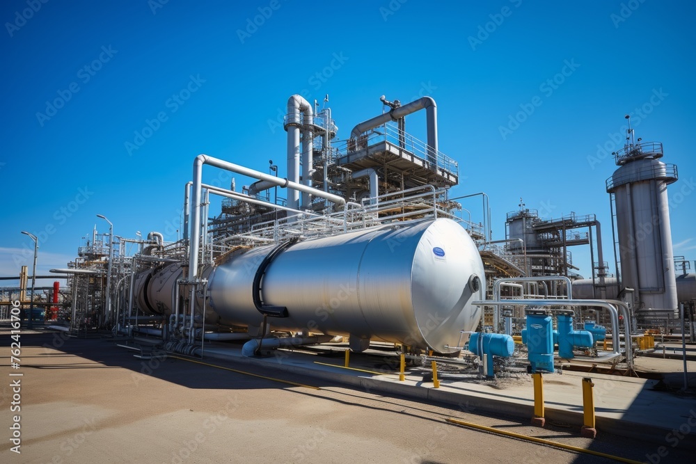 An imposing fuel tank tower over the complex piping system in a bustling industrial zone against a serene blue backdrop An imposing fuel tank tower over the complex piping system in a bustling industrial zone against a serene blue backdrop