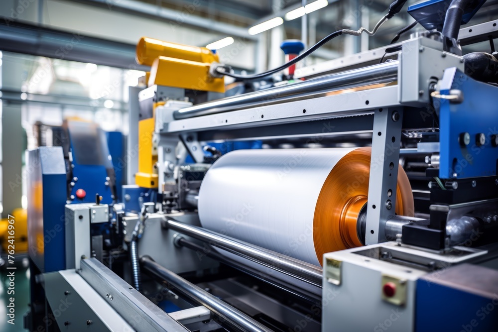 An operational laminating machine in a factory environment with rolls of laminate material ready for processing An operational laminating machine in a factory environment with rolls of laminate material ready for processing