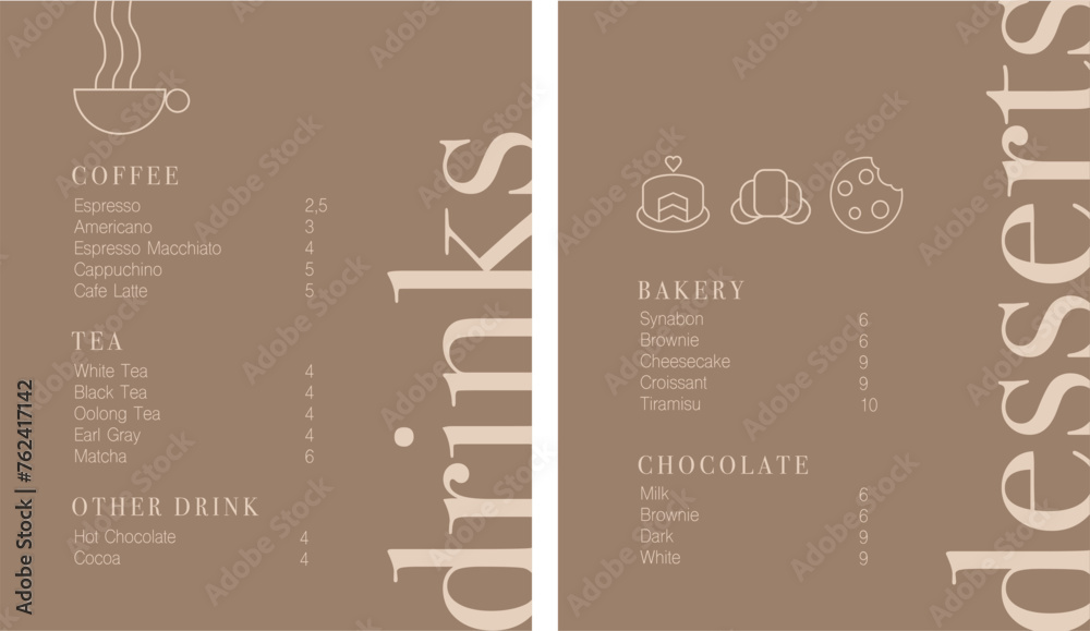Cafe brochure vector, coffee shop menu design. Restaurant menu design. Drink and Dessert menu Cafe brochure vector, coffee shop menu design. Restaurant menu design. Drink and Dessert menu