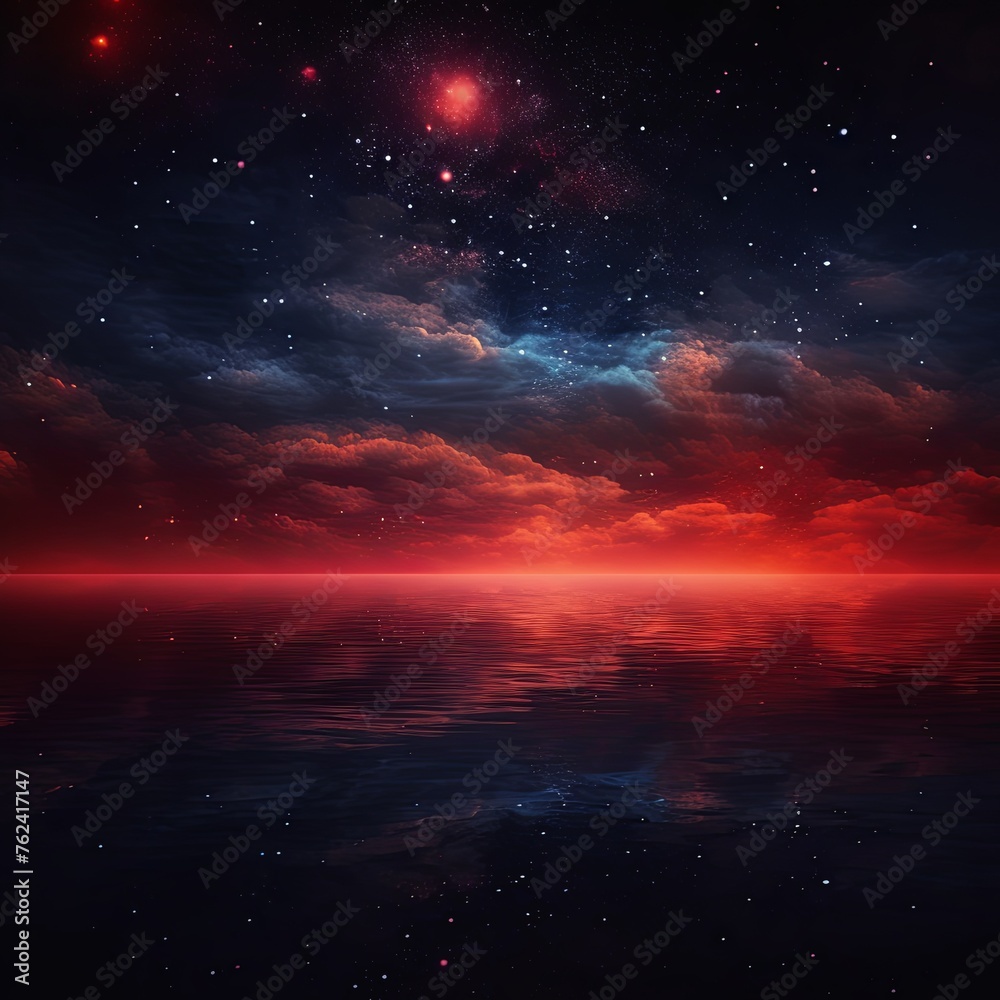 A black sky red background light water and stars