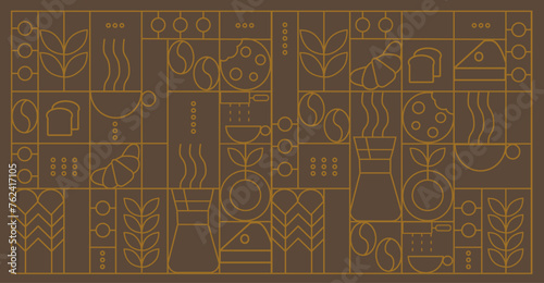 Hand drawn illustration of Bakery and Coffee. Icons. Abstract geometric line background. Gold luxury. Pattern for cover design, food package, menu, background, café wall, coffee shop, web banner