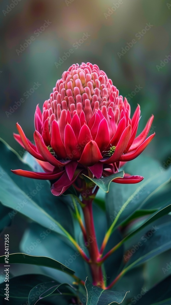 A vibrant red flower stands out against a backdrop of lush green leaves. The flower is the focal point, with its intricate petals and bold color contrasting with the surrounding foliage.
