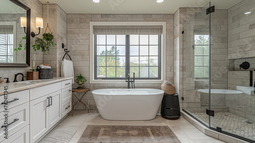 A modern bathroom with a freestanding bathtub and a rainfall shower