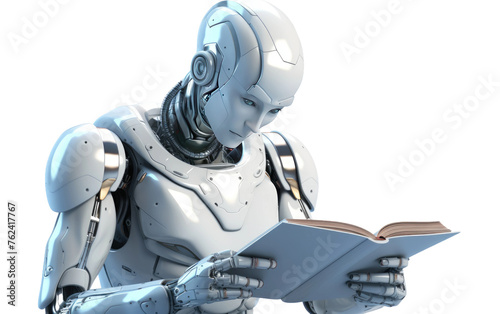 Robot reading a news paper, Robot Reading Isolated on Transparent background.