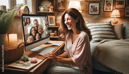 Mother's Day Concept. Mother receiving a surprise video call from her family, expressing love and gratitude with virtual hugs and smiles. photo