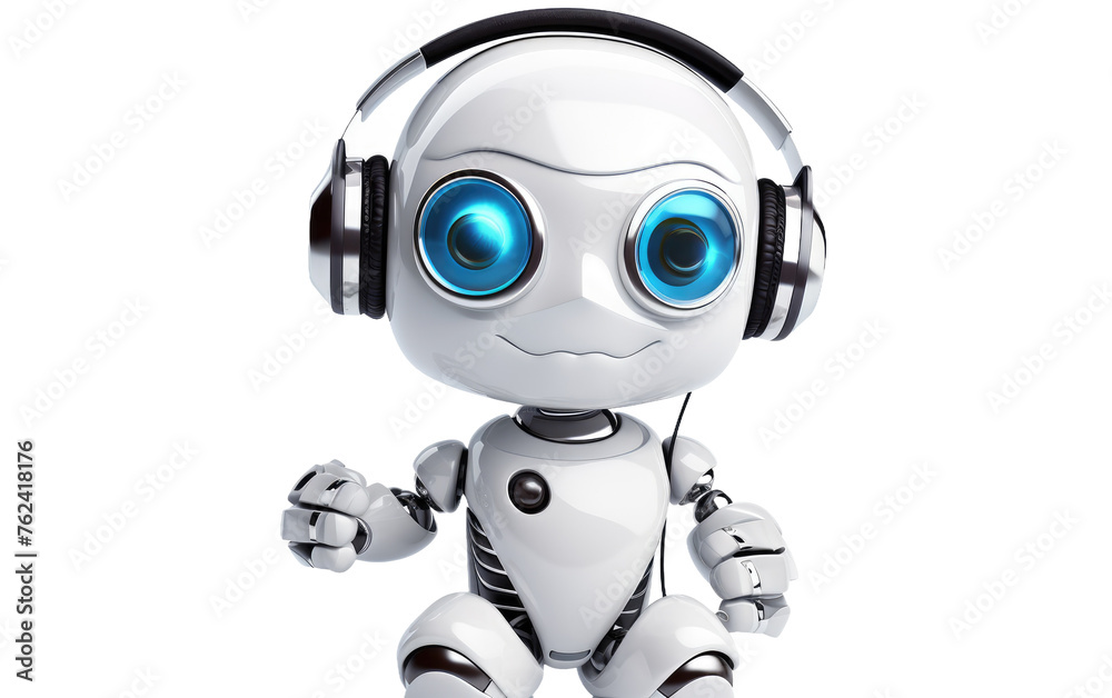 3d Rendering Humanoid Robot With Headset, Robot with headphones. AI Generated, Robot With Earphones Isolated on Transparent background.