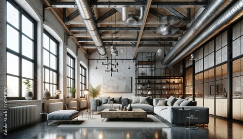 industrial style living room with no people, capturing the essence of an urban loft. The space features a high ceiling with exposed beams