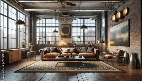 industrial style living room with no people, capturing the essence of an urban loft. The space features a high ceiling with exposed beams photo