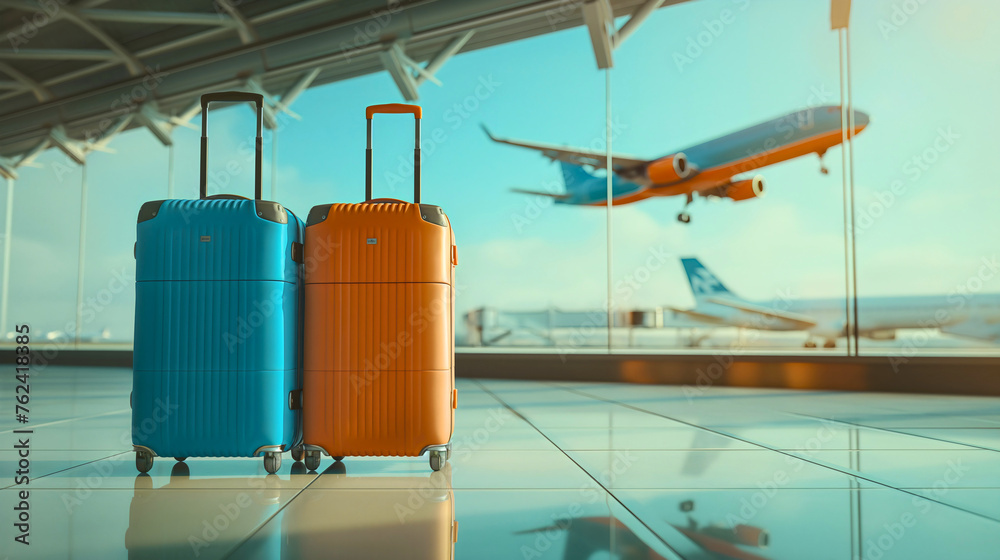 Two suitcases placed in an airport hall or lobby. Tourist baggage, summer tropical holiday trip accessories, clothes and belongings. Arrival before the airplane flight transportation, copy space